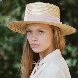 Lack of Color Straw Boater Hat, Pink Velour Ribbon